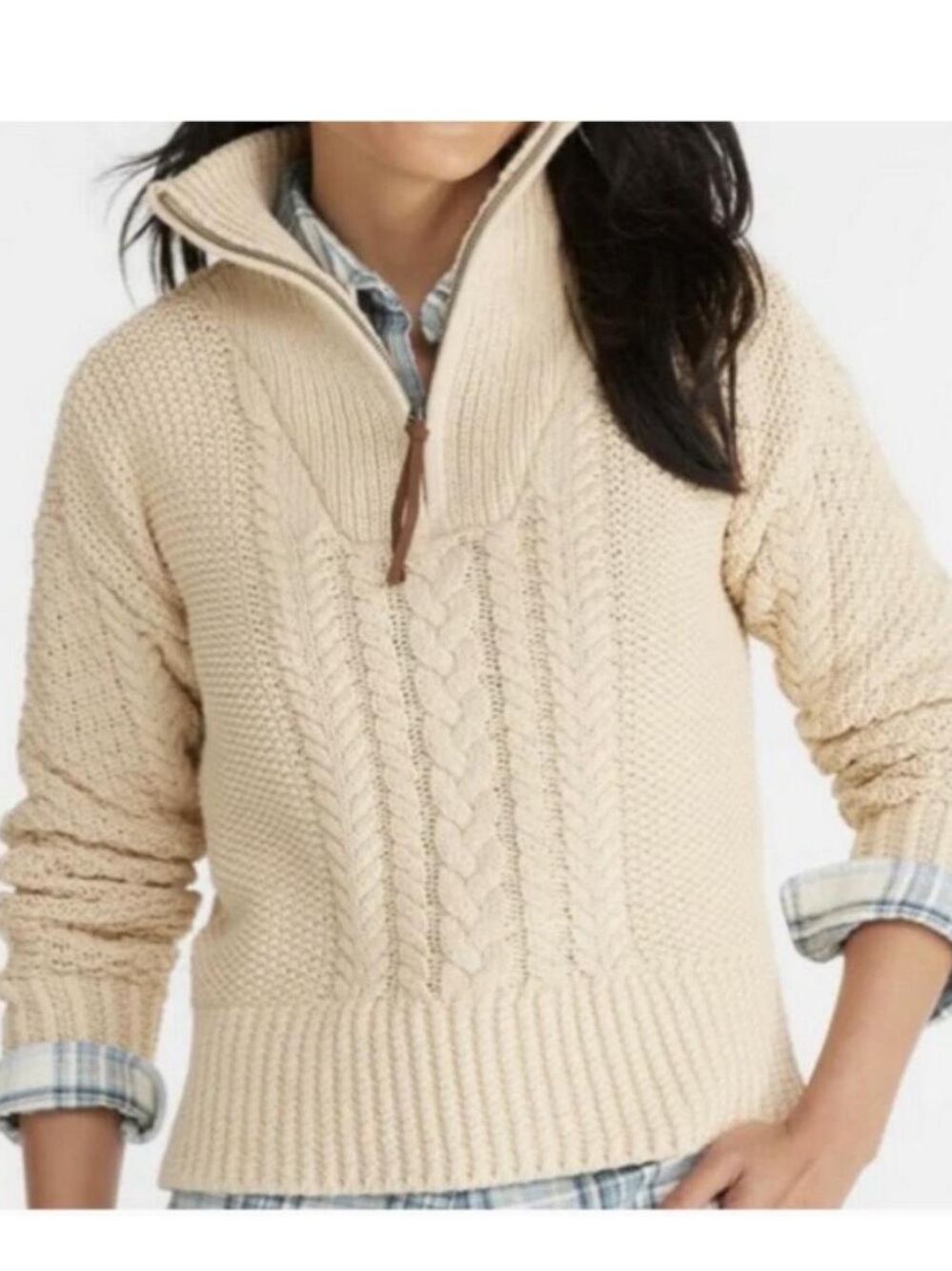 L.L. Bean Signature Cable-Knit Quarter-Zip Fisherman Sweater - Cream